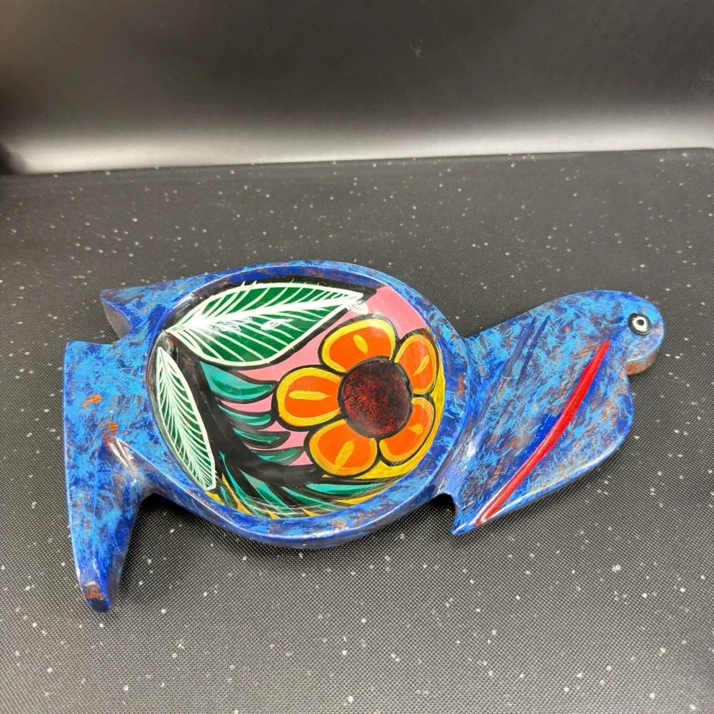 Vintage Hand Painted Wooden Pelican Bowl Floral Folk‎ Art Blue Decorative Dish
